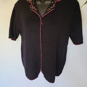 Koret Petite Large Black Floral Ramie Cotton Knit 90s Button Cardigan Top